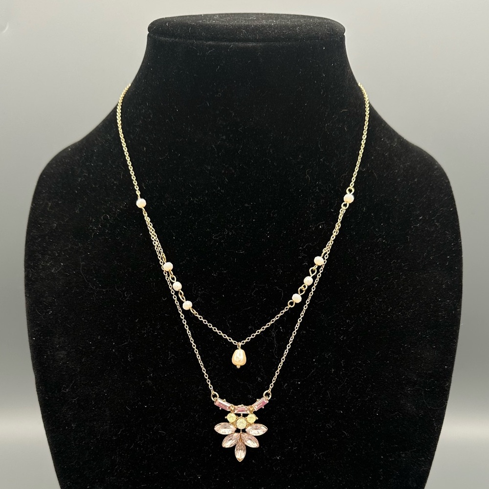 Charming Charlie Dainty Light Pink Rhinestone Faux Pearl Layered Necklace ~20” - Picture 1 of 7